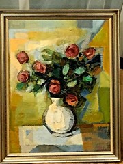 ORIGINAL PAINTED OIL ON CANVAS CUBISM STILL LIFE FLOWERS BY A.CHERKAS „FRAME