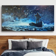 Stars sky oil painting 100×50 cm night man boat universe painting on canvas