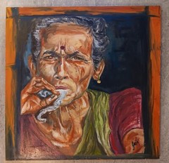 SMOKING MAN ACRYLIC ON CANVAS SIGNED ILLEGIBLY 23.75″ X 23.75″