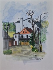 Original watercolor painting landscape cityscape houses unique art 7×9.5″