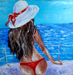 Oil painting.Girl in a hat on a yacht looks into the distance.Modern mini art.