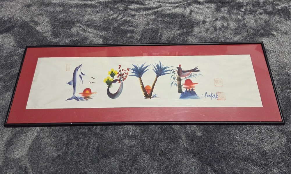 Calligraphy Watercolor Asian Japanese Framed Art Painting ‚Love‘ Signed 12×36″