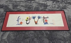 Calligraphy Watercolor Asian Japanese Framed Art Painting ‚Love‘ Signed 12×36″