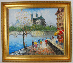 Vtg 80’s Framed Signed Burnett Oil Painting „Paris Cityscape Seine Scene“ 24X20