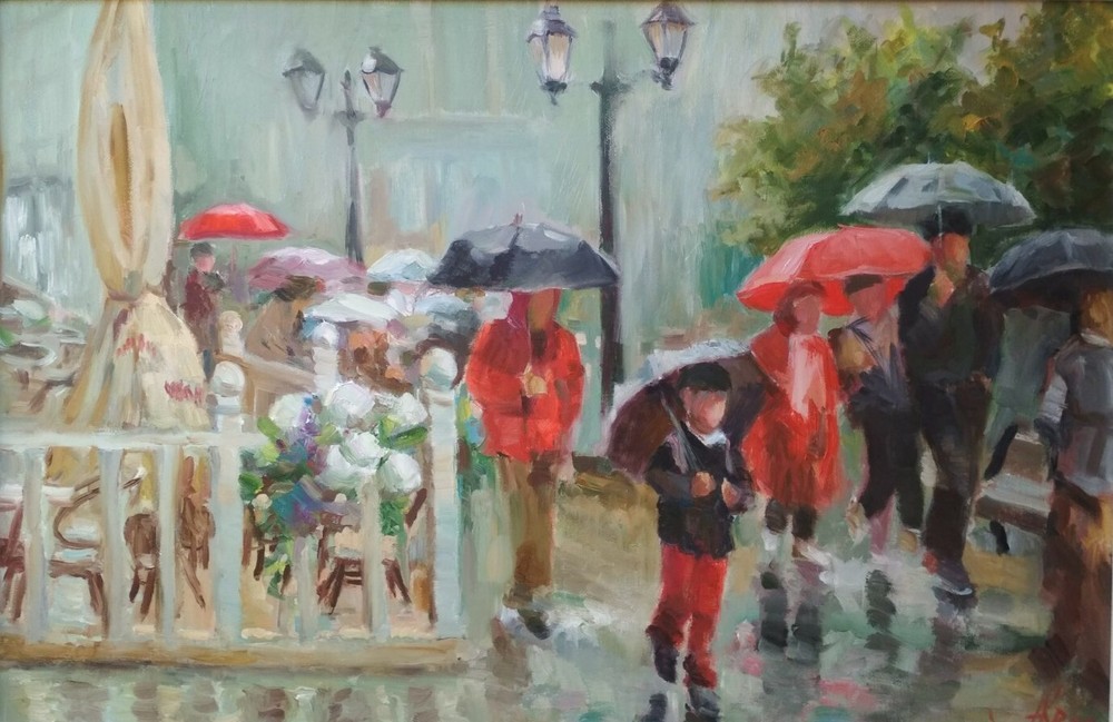 Rainy day painting on canvas, Red umbrella art, Cityscape oil painting