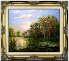 Framed Quality Hand Painted Oil Painting Quiet Lake with Boat at Evening 20x24in