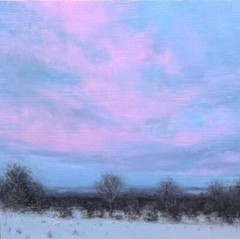 Original oil painting, Winter Evening Glow , landscape painting, snow, sunset