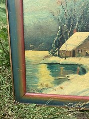 Antique Oil painting Board Winterscape Night Lake 19×22” Homestead Emma Kinsey