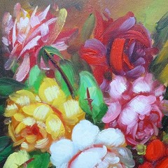 Miniature Floral Still Life Oil Painting PEONIES Signed Marin Framed 10.75×8.75