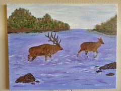 Handmade Painting Acrylic Art Panel 11x14x1/16 Decor Deer in the River