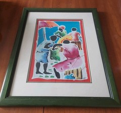 Signed Haitian Painting On Fabric, Framed, Colorful, See Photos For Condition