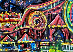 ORIGINAL ACEO Painting CARNIVAL Fair Amusement Park Fireworks Rides Fun ATC ART