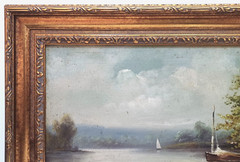 1900’s MYSTERY ARTIST ORIGINAL ANTIQUE O/C SAILBOATS LAKESCAPE FIGURES FRAMED