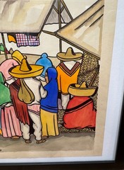 Original Vintage Jorge A Murillo Watercolor Village Market Scene Folk Art 15×13″
