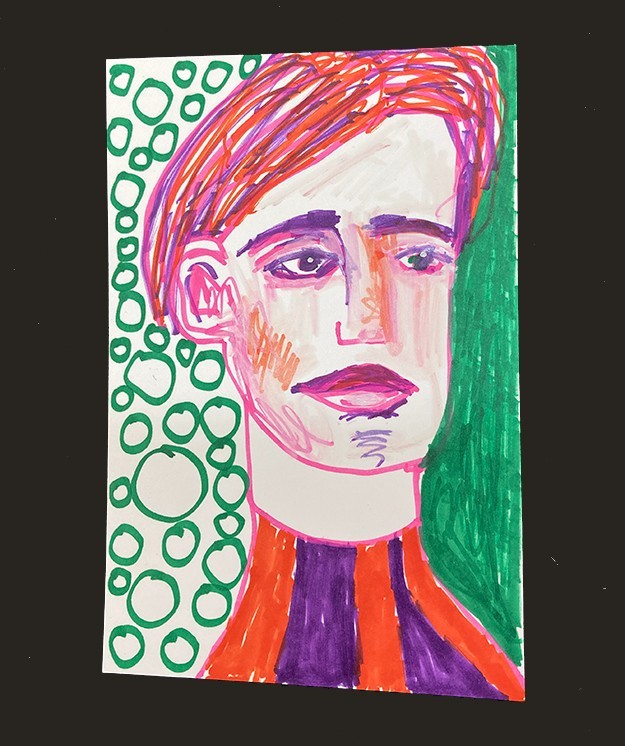 Portrait Line Drawing Painterly Naive Expressive Green Outsider Art Miz Katie