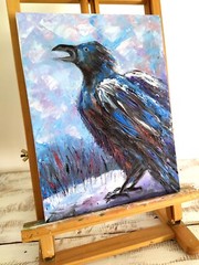 Original mini oil painting Screaming Black Raven on Snow wall decoration