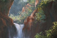 Vintage Landscape Jungle Waterfall Oil Painting On Canvas Signed Wanda Illegible