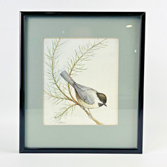 Black-Capped Chickadee Framed Green Mat Artist Signed Kate Davis 93 Gallery Wall