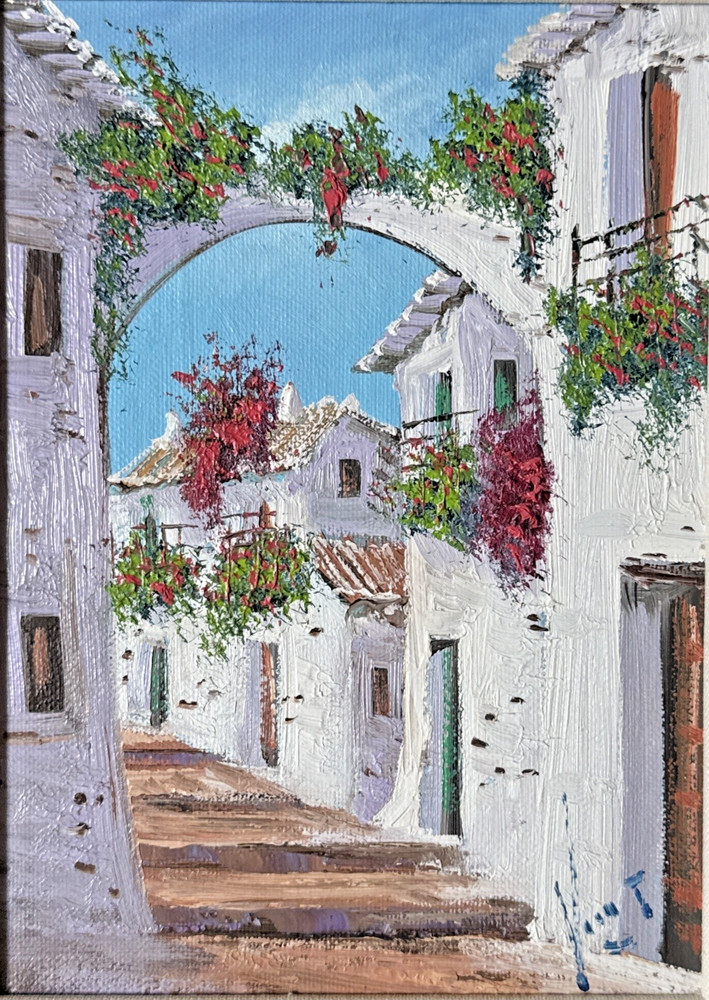 European Spain Oil Painting on Canvas Mediterranean Village Scene Signed Framed