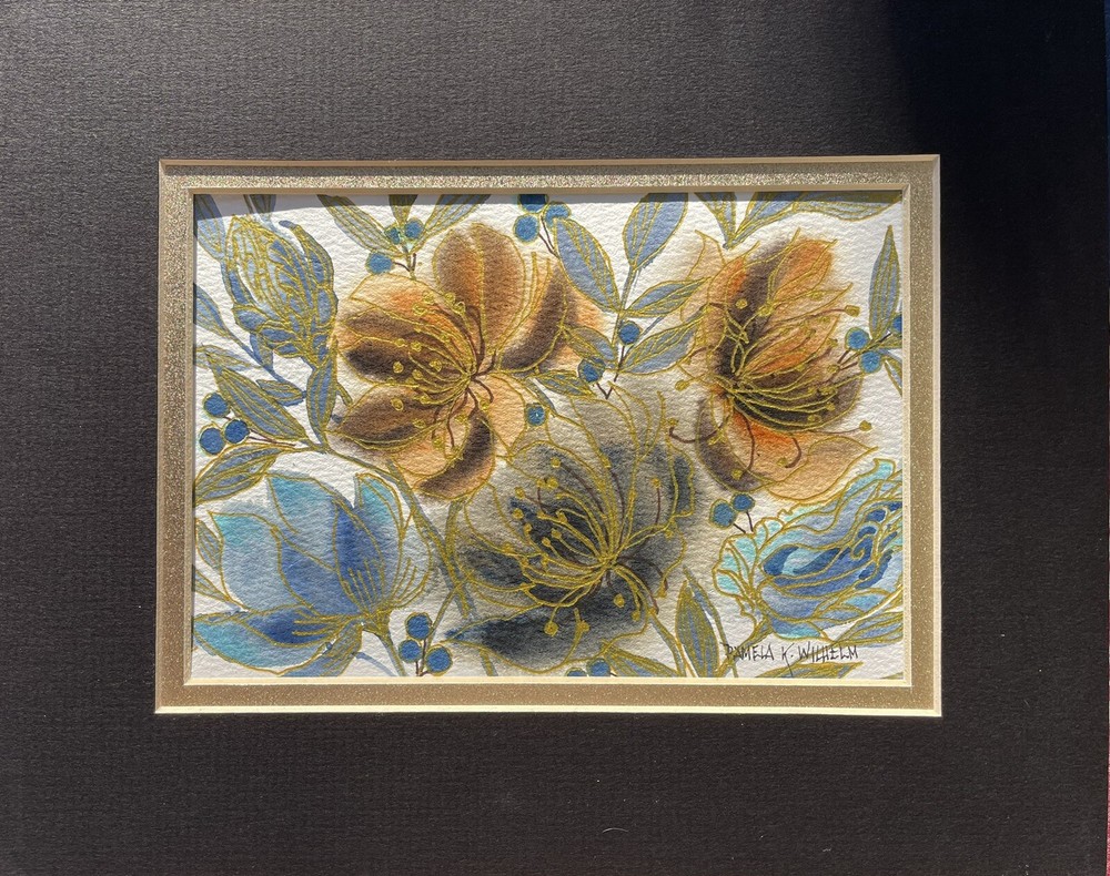 5”x7” In 8×10 Mat Pamela Wilhelm Original Watercolor Blue Brown Gold Floral