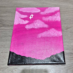 Modern Small Canvas Landscape Painting Pink Sky Mountains Clouds, Unframed