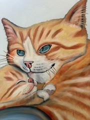 Original oil painting 11 x 14 inches orange tabby cat snuggling baby kitten