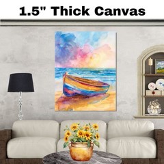 Watercolor Painting of Colorful Wooden Boat on Sandy Shore with Sunrise Canvas