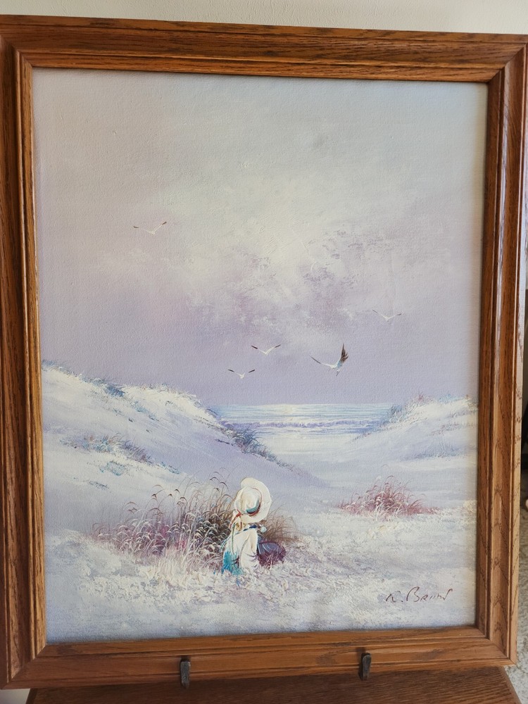 Girl Sand Dunes Beach Scene Acrylic Canvas Framed Art Signed W Brain
