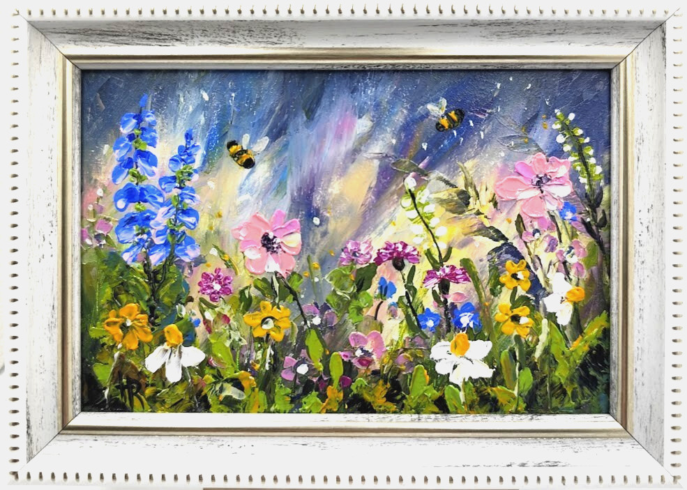 Original Oil Painting 6×4 in Framed Signed Wildflowers Impasto Art Wall Art