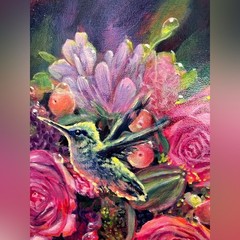 Original hummingbird floral painting bumblebee ladybug bouquet flowers gift USA
