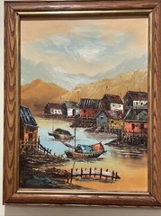 Boats Nautical P. WONG Oil on Canvas Framed Painting Colorful Harbor 12”x 18”
