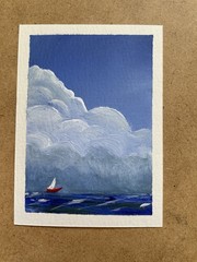 aceo Red Boat Seascape Clouds Ocean Sailing original painting Emily Daley OOAK