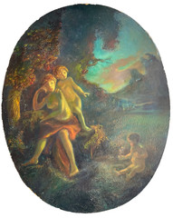 1850’s French Romantic Antique Oil Canvas – Allegory of Motherhood in Landscape
