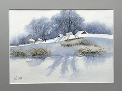 Minimalism Winters cozy shelter mountain holiday Christmas Original painting