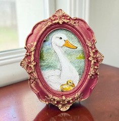 Mama Duck & Duckling mini watercolor bird print in vintage style ornate frame
