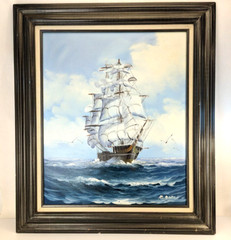 Vintage Original Oil Painting Sail Ship Sea Ocean Signed R. Boren Framed 27×31”