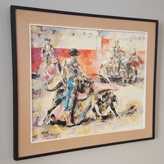 Vintage MCM Epifanio Ortega Oil On Canvas Painting Abstract Bullfighting Scene!