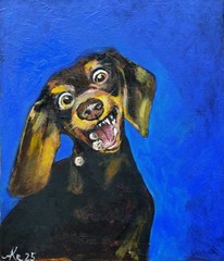 Funny Dog Acrylic Painting | Dachshund Catching Treat | 35x30cm Original Art