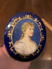 Antique Porcelain Plaque Painting Portrait Young Lady Flowers in Gold Blue Frame