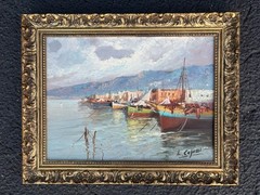 Vintage Original Signed Ivo Capozzi Oil Painting Fishing Boats Harbor Scene
