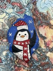 Whimsical Penguin Wearing Red Scarf and Snow Hat, Christmas Winter painted rock