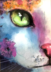 OOAK Orange Cat ACEO Mixed Media Art Cute Floral Kitten Miniature by AdriO