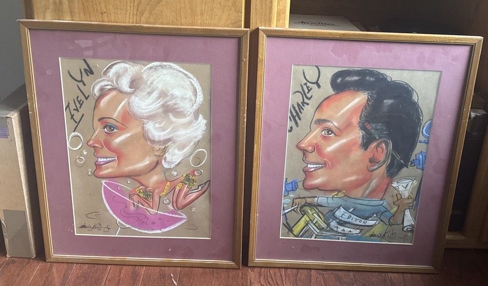 Vintage Framed Vintage Oil Pastel Caricatures Lot 2 Man & Wife Harvey & Evelyn