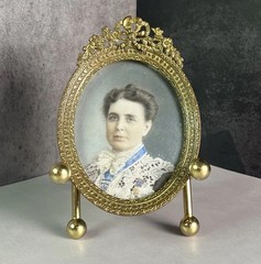 Antique Victorian Oval Opalotype Portrait Of A Woman In A Gilded Brass Frame