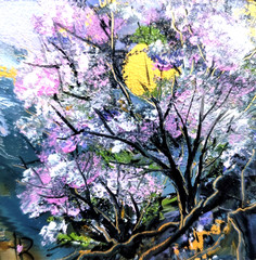 Original Oil Painting Cherry Blossom Gold Abstract Painting 4x4in framed