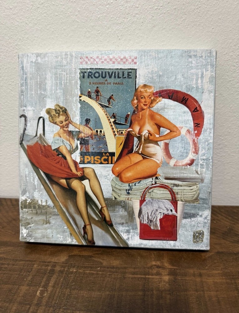 “Piscine” by Karine Romanelli who combines collage and painting. 20cm x 20 cm.