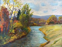 c1954 European Oil on Canvas Fall Landscape River, Stretcher 18″ x 15″