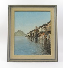 Original Framed Eugen Schmidt Painting of Gandria Switzerland 26″ W x 29.75″ T