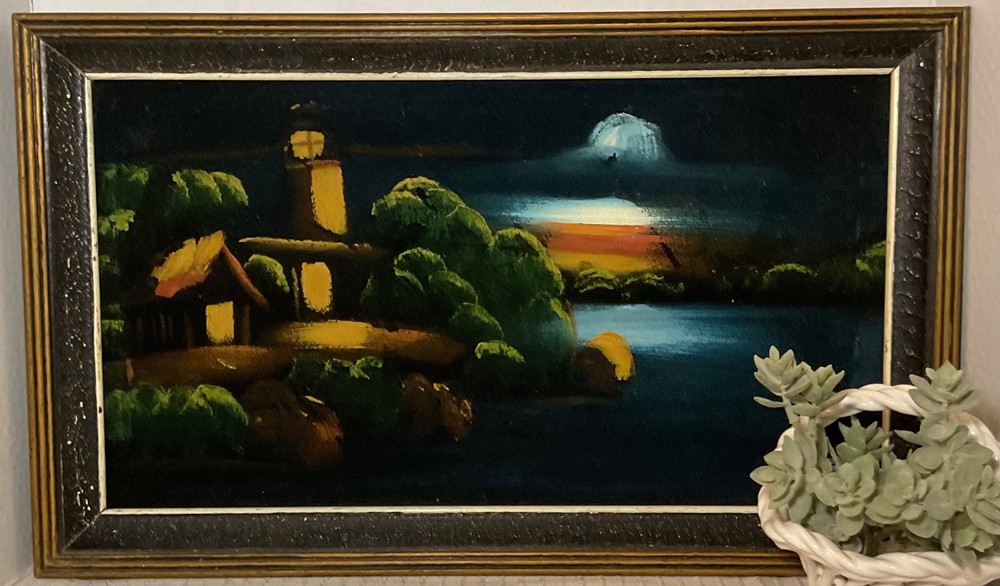 VTG 1960’s or 1970’s Black Velvet Oil Painting Landscape, Seaside Original Frame