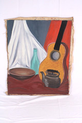 Mid Century Still Life Guitar Oil Painting On Canvas Illegible Signature